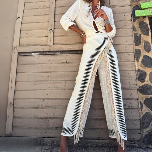 Elar Contrast Black Fringe Pants Set