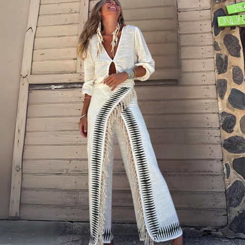 Elar Contrast Black Fringe Pants Set